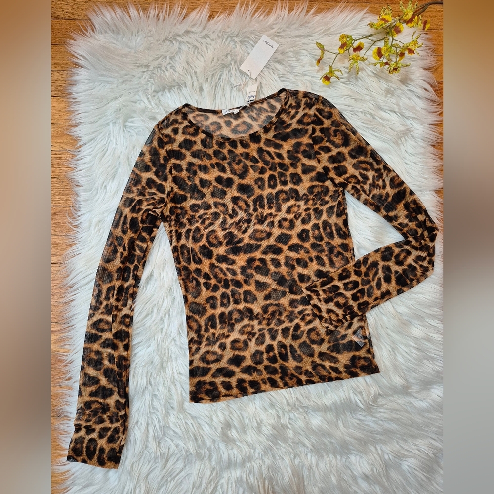 ANTISTAR New! Leopard Print Mesh Transparent Long Sleeve Top Size S.